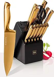 Styled Settings Gold Knife Set with Block & Built-In Sharpener  14-Piece Full Tang Kitchen Knives Set  Gold Knives Set with Self-Sharpening Block, Titanium Knife Set with Black Block