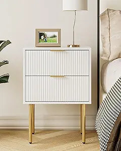 Aienvey Night Stand, Modern Nightstand with Drawers, Bedside Table, Gold Small Side Table for Bedroom, Living Room End Table (White Stripe, 2 Drawers)