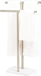 Free Standing Towel Rack for Bathroom - Satin Gold Finish - Stand Alone 2 Tier Stainless Steel Towel Rack for Bathroom Floor with Heavy Marble Base, Double T Shape Drying Stand for Towels