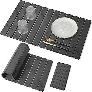 Large Stone Dish Drying Mat for Kitchen Counter, Quick Dry Dish Drying Mats, Foldable Absorbent Diatomaceous Earth Mats for Dishes Bottles Cup, Match Any Countertop (Gray Marble 28"16" & 8"x4")