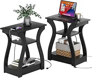FROMJBEST Black End Table Set of 2 with Charging Station, Side Table with USB Ports and Outlets, Black Nightstand, 3 Tier End Table with Storage Shelf for Living Room, Bedroom