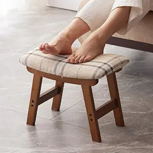 Kitsanery Foot Stool,Ottoman,Bamboo Small Sofa Foot Rest Under Desk,Extra Seating for Living Room, Bedroom and Kitchen (Brown Stool Legs - Stripes Surface)