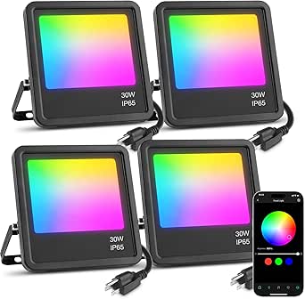 Lepro 30W Smart Flood Lights Outdoor, 2700LM RGBW Color Changing, IP65 Waterproof, 2700K Warm White & 16M Colors, App/Voice/Alexa/Google Home Control, US Plug, 4 Pack