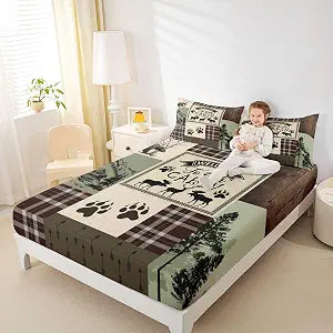 Erosebridal Cabin Rustic Bedding Set Twin for Teens Adult, Country Farmhouse Bed Sheets Bear Deer Moose Fitted Sheet Woodland Animals Lodge Brown Plaid Sheets, 1 Pillow Case, Hunting Gifts