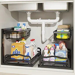 AceMining Under Sink Organizer 2 Pack, L-Shaped 2 Tier Pull Out Cabinet Organizer with Sliding Drawer, 5-Level Height Adjustable Metal Under Sink Storage for Kitchen, Bathroom Organization