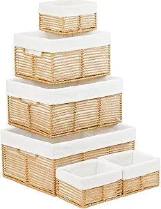 Vagusicc Wicker Storage Basket, 6 Pack Baskets for Organizing, Wicker Baskets with Handle, Rectangular Woven Basket for Storage Shelves, Cube Storage Bins for Closet/Clothes/Dresser, Natural