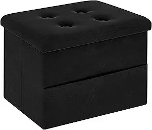 Zoes Homeware Small Storage Ottoman Foot Rest, Velvet Ottoman with Storage and Side Pocket, Black Foot Rest for Couch, Foldable Footstool for Chair, Living Room&Dorm, 16"x12"x12"