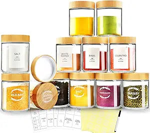 AISIPRIN Spice Jars with Label,12 Pcs 8oz Glass Jars with Bamboo Lids,Spice Organizer for Cabinet,Drawer, Rack, Seasoning Organizer Containers,Including 2 Type Labels