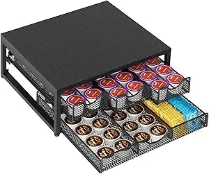 Coffee Pod Holder For Counter, 3 Pull-Out 72 K-Cup Holder Drawer, Wooden Cafe Pods Storage Organizer with Sliding Drawers for Coffee Station, Home, Kitchen, Office, Dorm (Black)