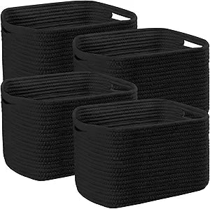 4 Pack Storage Baskets for Organizing, 12''Lx9''Wx8''H Woven Baskets for Storage Toys, Towels, Books, and Clothes, Cotton Rope Basket for Shelves with Handle White & Brown