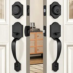 Double Front Door Handleset with Deadbolt  Matte Black Classic Entry Handle Set with Dummy, Reversible Lever, Zinc Alloy, Exterior Lock Set
