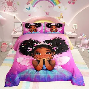 Erosebridal Black Girls Comforter Sets,African Princess with Wings Bedding Set,Pink Gradient Rainbow Galaxy Room Decor Kids Bedding Sets for Girls,Twin (1 Comforter 1 Pillowcase)