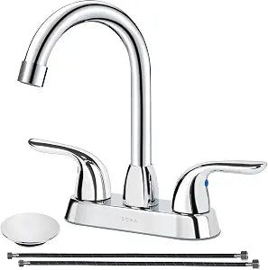 SOKA Two Handles Centerset Bathroom Faucet for Sink High Arc Stainless Steel with Deck Plate & Pop-Up Drain Assembly Fit 3 Hole Installation, Chrome (SK18001C)