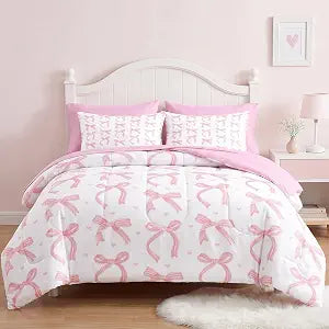 Nesker 5 Pcs Comforter Set Twin Size, Pink Bow Love Bedding Set for Kids and Adults, Pretty Trendy Girly Bed Sheet Sets with Fitted Sheet Pillowcase & Sham