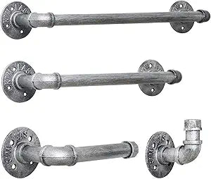 HouseAid 4-Pieces Industrial Pipe Towel Holder Set, Rustic Steel Towel Rack Kit, Farmhouse Vintage Style Towel Bar Accessories for Bathroom, Wall Mounted, Antique Silver