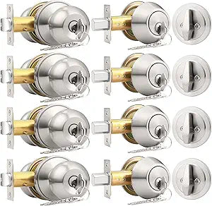 Probrico 4 Pack Keyed Alike Entry Handlset with Single Cylinder Deadbolts Combo Pack, Satin Nickel Door Knob for Front and Entrance Door, Interior and Exterior Entry Door Levers Brushed Nickel