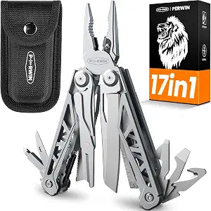 PERWIN Multitool, 17-in-1 Stainless Steel Multi Tool Pliers with Self-Locking, Pocket Knife, Nylon Sheath, Professional (EDC) Multi-Tool for Survival, Camping and Hunting, Hiking, Gifts for Men