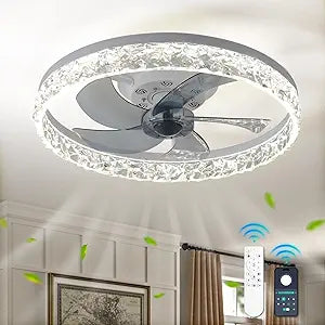 FRIXCHUR 19.7" Crystal Chandelier Fan Modern Flush Mount Ceiling Fan with Lights Dimmable Low Profile Ceiling Fans 6 Speeds 3 Color Fandeliers for Bedroom Living Room Kitchen (White)