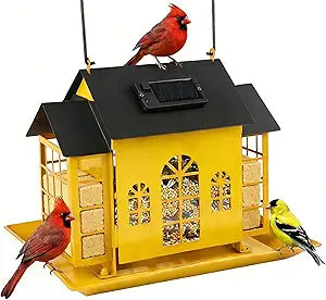 Solar Bird Feeder House for Outdoors, Metal Large Capacity 3-Compartment Wild Bird Feeder with Suet Holder, Weatherproof Garden Decoration