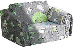 Kids Fold Out Couch, Convertible Foam Sofa Chair for Children Age 3+, Flip Open Floor Sofa for Reading, Playing and Watching TV, Removable Washable Cover, Glow Dino Grey