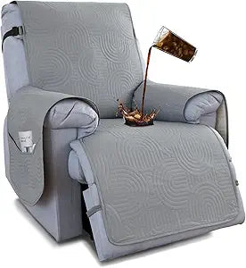100% Waterproof Recliner Chair Cover,Non Slip Covers for Recliner Chair Washable Dog Chair Cover Furniture Protector with Pocket, Elastic Straps for Kids, Dogs, Pets (Light Grey, 28'')