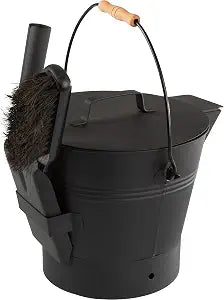 Wakeman Ash Bucket - Metal Bucket with Lid (2.11-Gallon), Broom, and Shovel for Fireplace or Firepit Ashes - Fireplace Tools (Black) - 1 Count