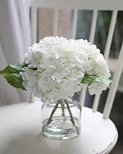 CHASMILE Real Touch Artificial Flowers Whith White Hydrangea in Vase for Home Decoration, Fake Flowers Centerpieces for Tables, Lifelike Fake Hydrangea in Vase for Bathroom, Office and Water Bar