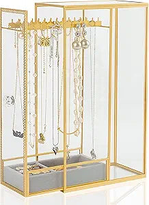 Glass Necklace Organizer Holder, Jewelry Organizer Necklace Holder with Hanging Hooks, Glass Necklaces Display Case for Storage Rings Earrings