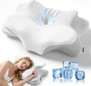 Cervical Pillow for Neck Pain Relief, Ergonomic Dual-Height Memory Foam Pillow with Cooling Breathable Cover for Side, Back & Stomach Sleepers Beige