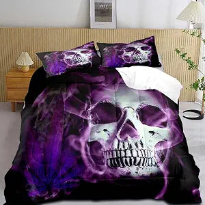 LUVIVIHOME 3PCS Purple Skull Comforter Set Queen Size, Horror 3D Skeleton Gothic Bedding Sets, Weed Leaf Cannabis Black Quilt, Cool Bedroom Decor for Men Teens Boys, Marijuana Gifts, 2 Pillow Shams