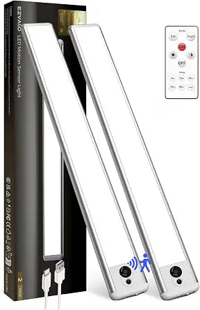 EZVALO 2 Pack Under Cabinet Lights, 14.5'' Magnetic Motion Sensor Light, 4000mAh Large Capacity Rechargeable Closet Light, Remote Control Dimmable 5700K Cool White for Kitchen, Stairs, Hallway