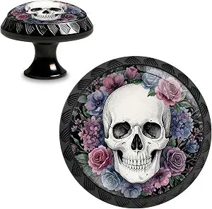 Yiruhe 4 Pack Gothic Floral Skull Cabinet Knobs Pulls, Crystal Glass Round Drawer Dresser Knob for Home Dresser Kitchen Wardrobe Cupboard Door Handles