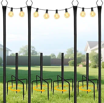 Breeze Touch 4-Pack 10 Ft Reinforced String Light Poles for Outdoor Use, Heavy-Duty Metal Poles with V-Fork Tops for Patio, Deck, Backyard, Garden, Wedding, Party