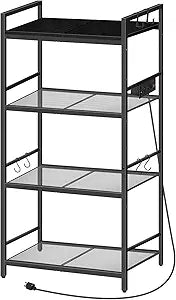 MAHANCRIS Bakers Rack with Power Outlet, Microwave Stand with Hooks, Multifunctional Storage Rack, Coffee Bar with Enclosure, Kitchen Storage Shelf, for Kitchen, Dining Room, Black BRHB40E01