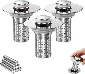 Bathroom Sink Drain Strainer, Stainless Steel Pop-up Strainer Basket Hair Catcher with Removable Basket, Brass Bullet Core, Universal Fit 1.1-2.36 Inch