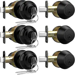 AEEKEL Exterior Door Knob with Lock and Key, 3 Pack Keyed Alike Entry Door Knob for Front Door Lock Set, Matte Black Exterior Door Knob and Single Cylinder Deadbolt Set