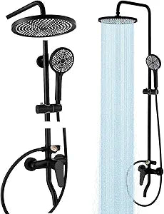 Outside Shower Kit,3 Functions Handle Tub Rainfall Shower Faucet Sets with Dial Thermometer Brass Valve, Black Exposed Shower Pipe System with 10'' Rainfall Shower Head Adjustable