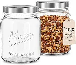 Kitchentoolz 64 oz Mason Jars Wide Mouth 2-Pack  Half Gallon Glass Jar with Lid  1/2 Gallon Large Mason Jars with Lids for Food Storage, Canning, and Fermenting