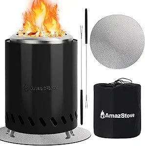 9.7 x 7.1 Inch Tabletop Fire Pit by AmazStove, Low Smoke Camping Stove for Outdoor Safe Burning Firepits, Fueled Pellets or Wood, Travel Bag Included (Black, 9.7 x 7.1 INCH)