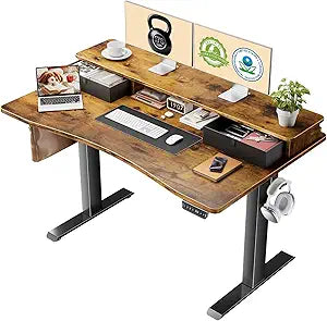 Veken 47.2"27.6" Standing Desk with Storage Drawers, Adjustable Height Computer Table with Monitor Shelf, Home Office Desk for Study, Gaming, Workstation, Brown