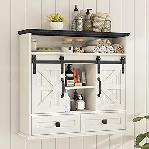 Vabches Bathroom Wall Cabinet, Farmhouse Medicine Cabinet with Double Sliding Barn Door and Storage Drawer, Wooden Vintage Storage Cabinet Wall Mounted for Bathroom, Kitchen, Rustic White and Black