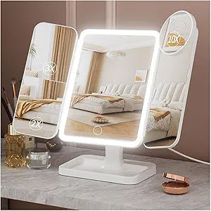 Lighted Makeup Mirror with 75 LEDs, Rechargeable Vanity Mirror with 1X/2X/3X/10X Magnification, 3 Color Modes & Touch Dimming, Portable Folding Mirror for Travel Desk, Gifts for Women & Girls