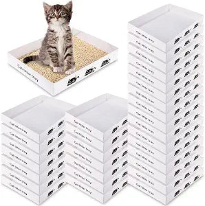 Amyhill 30 Pack Disposable Cat Litter Box 13.8x10x2in Foldable Paper Kitty Trays Bulk Portable Water Proof Cardboard Boxes for Cats Rabbits Guinea Pig Hamster Pets Travel Indoor Supplies (White)