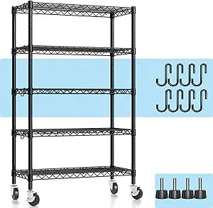 Hodonas Wire Shelving, 1900lbs Capacity 5 Tier Heavy Duty NSF Wire Shelf with Rolling Wheels Black Metal Storage Shelves Adjustable Wire Rack Unit 36"W x 14"D x 72"H for Kitchen Bathroom Garage Closet