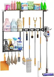 Broom Holder Wall MountMop Rack With Storage Basket,Diversity Laundry Room Cleaning Tool Storage containerSuitable Family Garage Kitchen Organization Wall-Mounted Rack (Black, Medium)