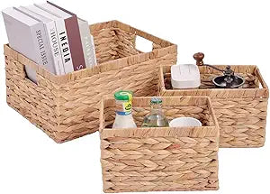 Set of 3 Water Hyacinth Storage Basket Rattan Woven Shelf Organizing with Built-in Handles 3-Pack Nesting Wicker Bathroom Accessories Pantry Storage