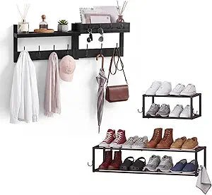 4 Pack Wall Mounted Coat and Shoe Rack Entryway, Space Saving Storage Bench for EntrywayWall Coat Rack with Hooks, Adjustable Hanging Shoe Rack (Hold 12 Pairs), for Hallway, Entryway, Black