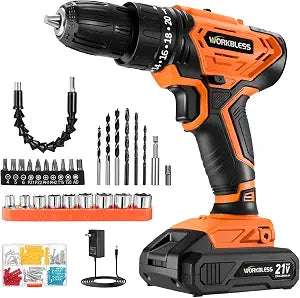 WORKBLESS Cordless Drill, Power Drill Set with 1 Battery and Charger, 40Nm, 20+1 Torque, 2 Speed, Keyless 3/8" Electric Screwdriver with LED Light, 28pcs Drill Bits Set(Orange)