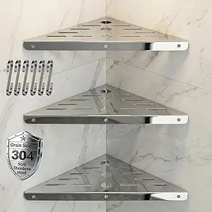 3 Pack Corner Shower Shelf,10-Inch 304 Stainless Steel Bathroom Shelves with 6 Hooks 40 lbs Heavy Duty Capacity Durable Drill-Mount Installation Shower Shelf for Inside Shower (Silver)