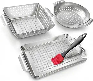 3 Piece Stainless Steel Grill Basket Set with Basting Brush, Heavy Duty Small Vegetable Grill Basket for Outdoor Grill - Perforated Compact BBQ Grill Pan & Wok Accessories for Gas, Charcoal, Veggies